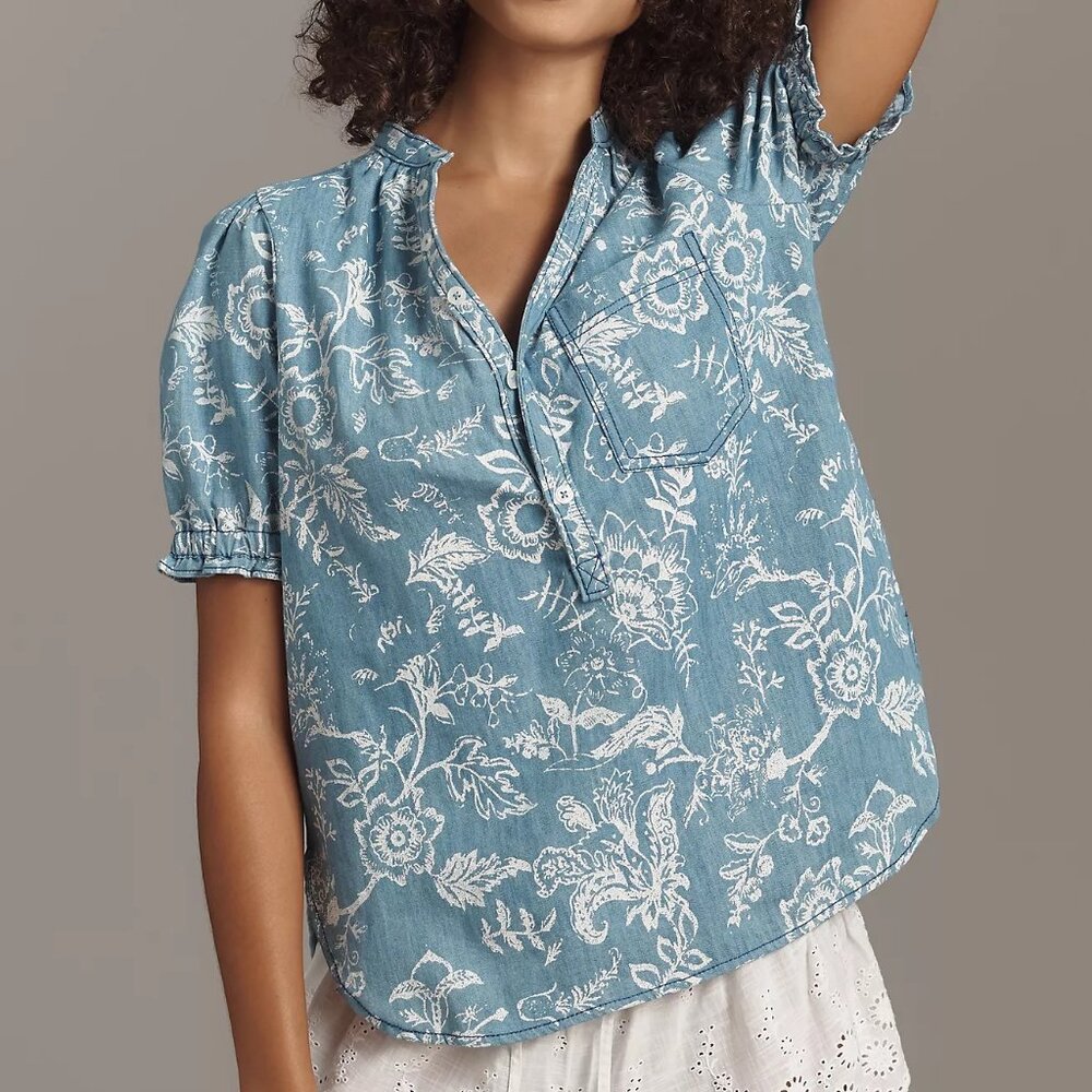 NWT Anthropologie Pilcro The Aly Puff-Sleeve Blouse in Light Denim, Size XS - Picture 3 of 7